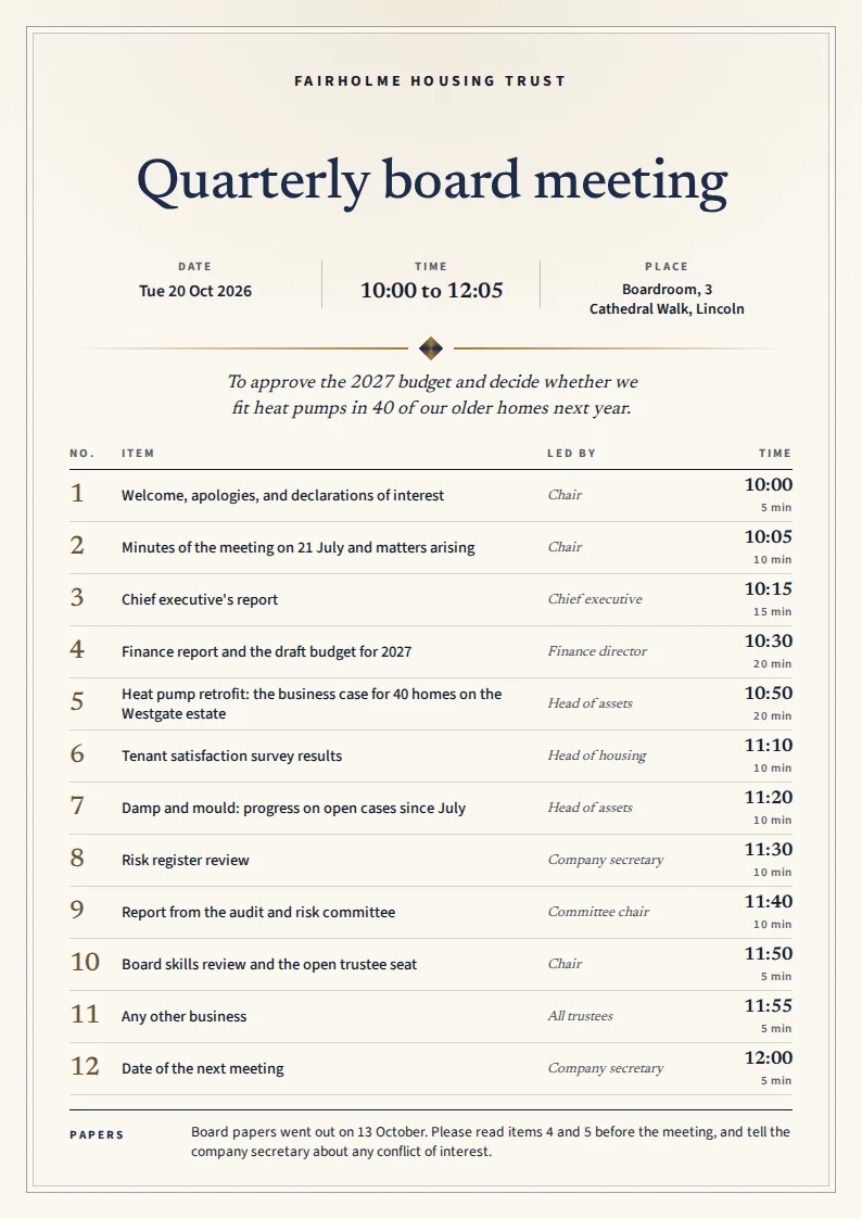 A board meeting agenda for Fairholme Housing Trust in a framed serif layout, with the date, time, and place in three columns and twelve numbered items with a lead and start time.