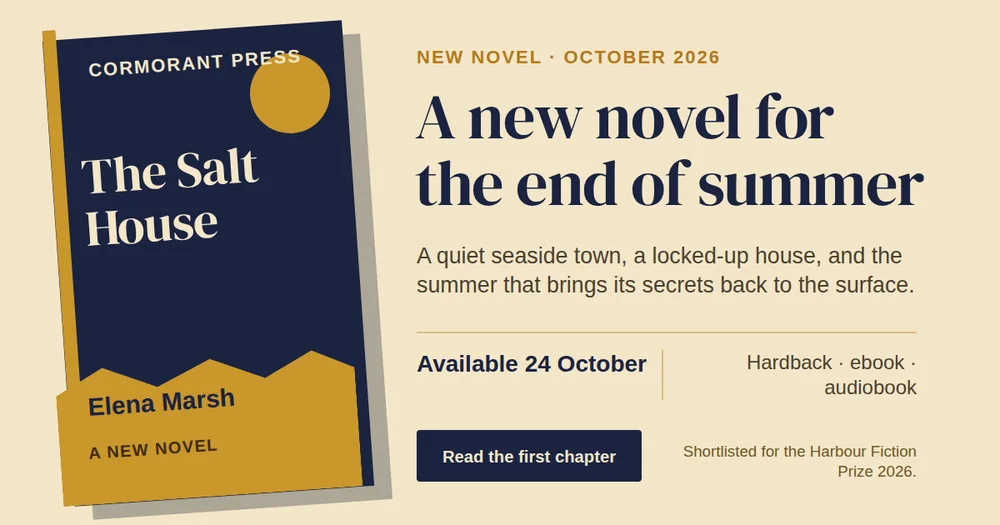 A wide book launch banner on cream, a navy book cover with a mustard spine and gold circle titled The Salt House, beside the navy headline A new novel for the end of summer and a navy Read the first chapter button.