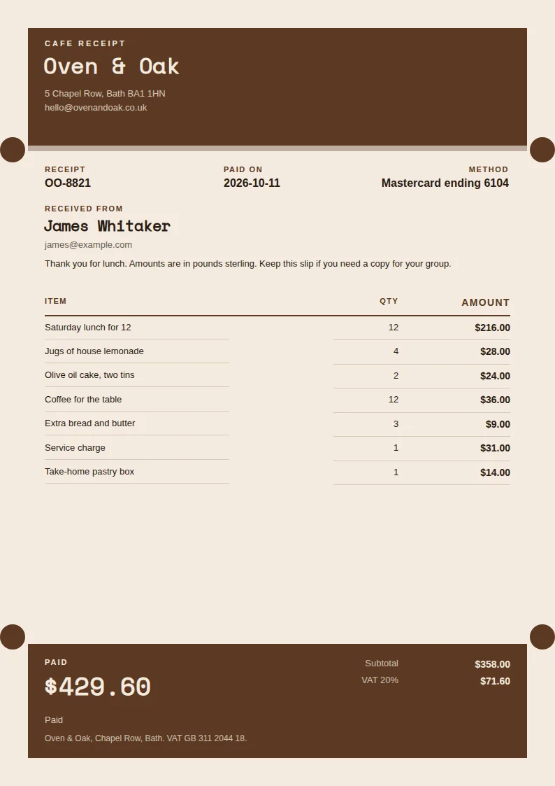 A tall brown ticket receipt with edge notches, a perforation, and a tear-off paid band for a fictional cafe payment.