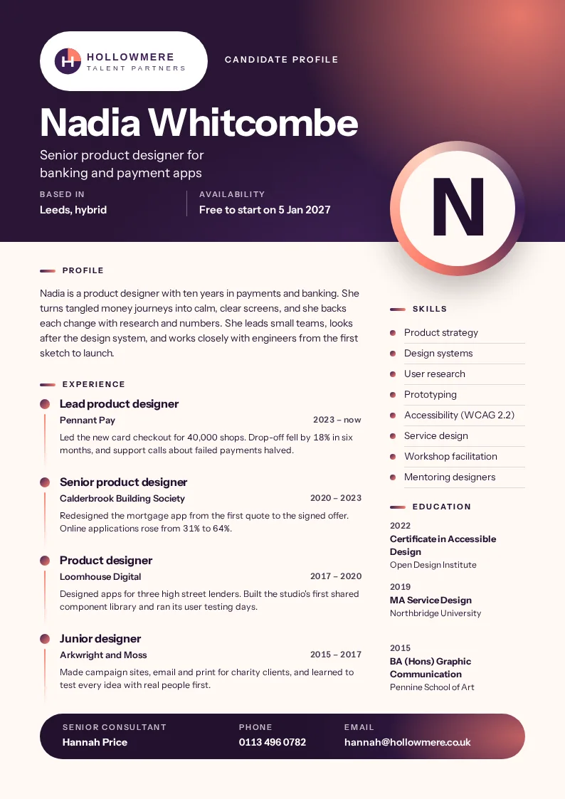 An A4 candidate profile with a deep plum hero that glows coral in one corner, the name Nadia Whitcombe in large type beside a gradient ring with her initial, four roles on a timeline, eight skills, three qualifications, and a plum recruiter contact bar.