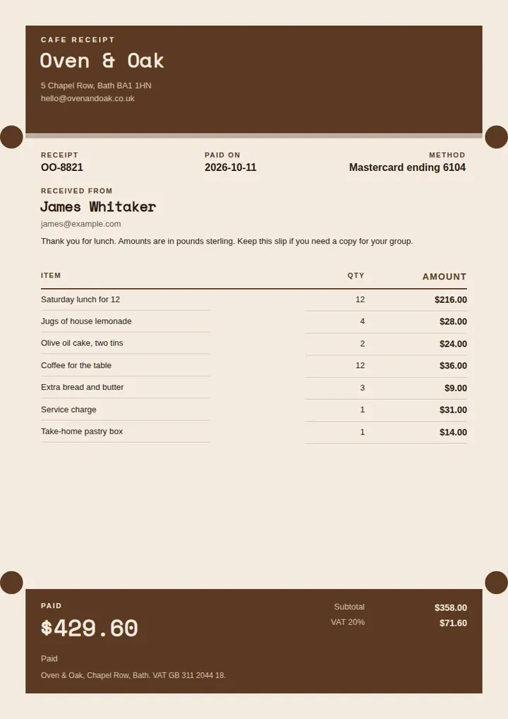 A tall brown ticket receipt with edge notches, a perforation, and a tear-off paid band for a fictional cafe payment.