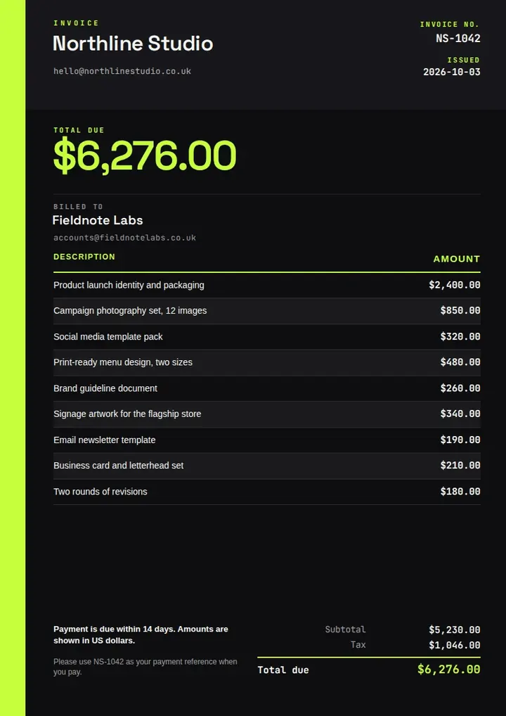 A tall black invoice with a lime green side rail, showing Northline Studio billing Fieldnote Labs a lime green total due of $6,276.00 in monospace type, above a ruled list of nine line items.