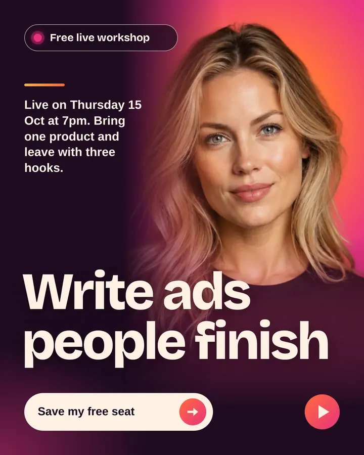 A tall workshop ad with a creator photo fading into a dark plum page, a live-workshop pill, a huge two-line hook, and a cream seat button.