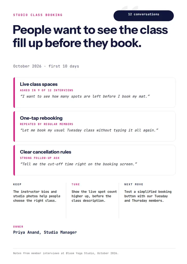 A white feedback readout with a pink label and a dark navy pill reading 12 conversations, a bold navy headline People want to see the class fill up before they book, and three white theme cards with pink left borders.