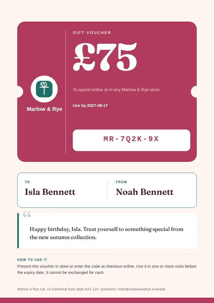 A portrait A4 gift voucher with a deep magenta ticket-shaped card, a small teal circular logo, an oversized white £75 value, a white redemption code panel, and a teal To and From details card below.