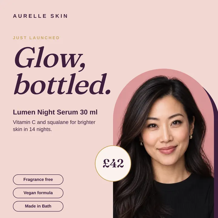 A blush square post with the plum italic serif headline Glow, bottled., an East Asian woman inside a tall arch on the right, a gold-ringed £42 badge, and three outlined benefit pills.