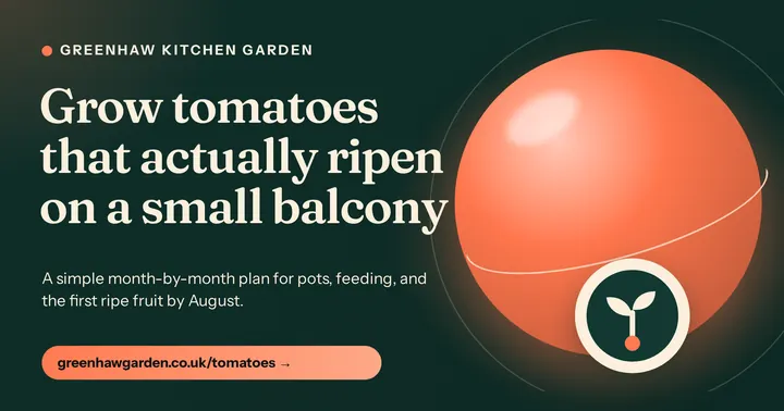 A link card for Greenhaw Kitchen Garden, with a big serif tomato headline on deep green, a glowing coral orb with the leaf logo, and a coral web address pill.