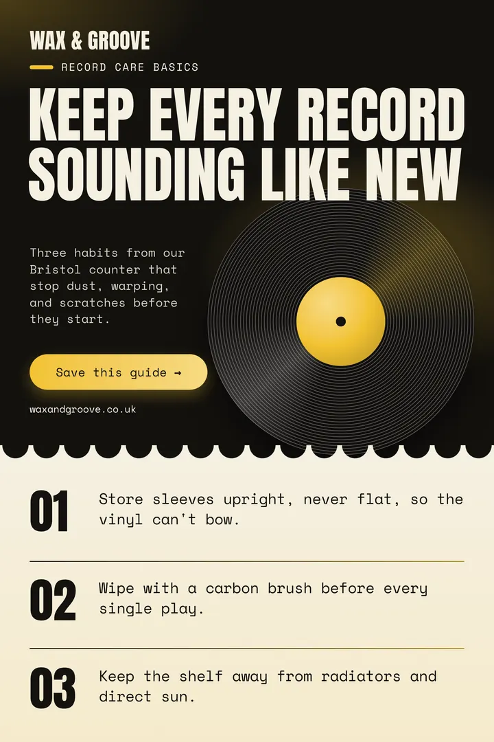A Pinterest pin for Wax and Groove, with a big record care headline and a black vinyl record with a yellow label, above three numbered tips on a cream scalloped sheet.
