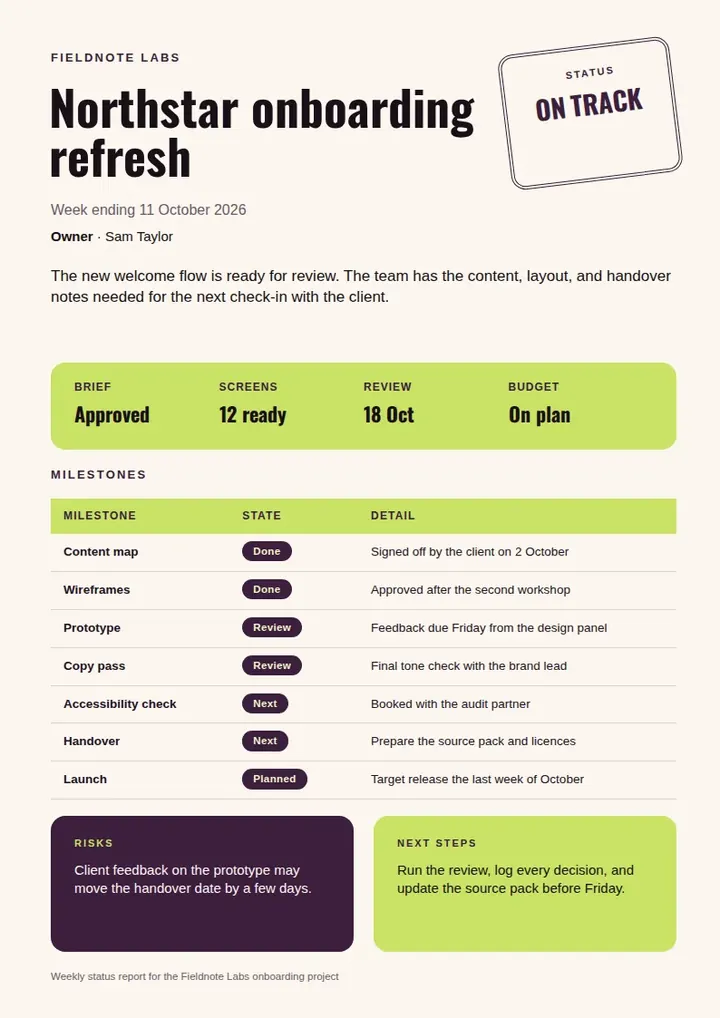 A portrait status report on a pale pink background with a tilted white On track status tag, a lime-green metric strip, a milestone table with dark state pills, and paired plum risks and lime next-steps cards for Northstar onboarding refresh.