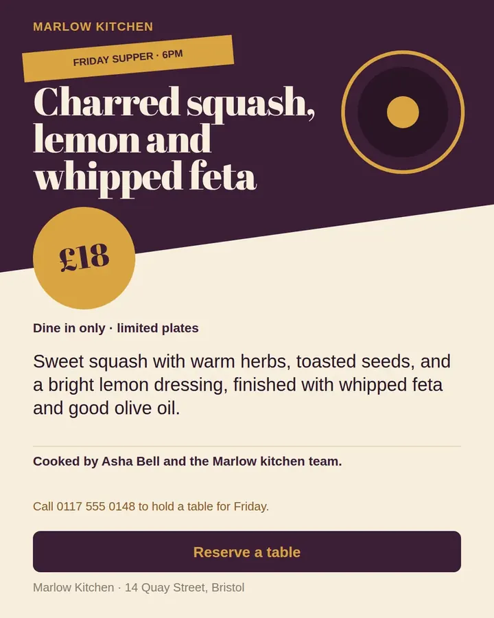 A tall restaurant special with a dark plum header and a gold Friday supper ribbon tag, a cream dish headline, a gold ring plate motif, a gold £18 price circle, and a dark plum Reserve a table button.