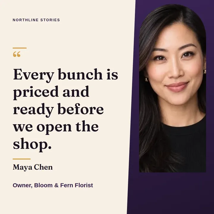 A square testimonial card split by a diagonal into a cream quote panel and a dark indigo photo panel of a woman with dark wavy hair, crediting Maya Chen, owner of Bloom & Fern Florist, with the line Every bunch is priced and ready before we open the shop.
