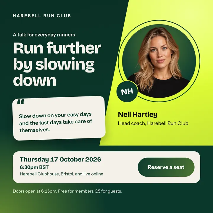 A square run club talk card with the coach's photo in a circle on a lime field, a big headline, a tilted quote card, and the date, time, and place.