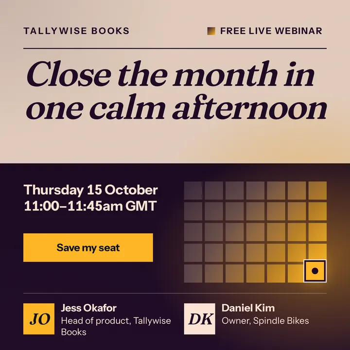 A square webinar ad with a big italic title on warm paper, and a dark plum panel below with the date, a yellow Save my seat button, a glowing calendar grid, and two speakers.