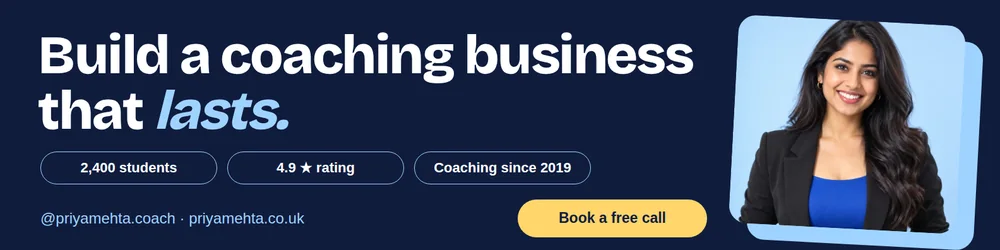 A navy LinkedIn banner with the white headline Build a coaching business that lasts., the last word in sky-blue italic, three outlined stat chips, a handle, a soft-yellow Book a free call pill, and a South Asian woman in a tilted rounded card on the right.