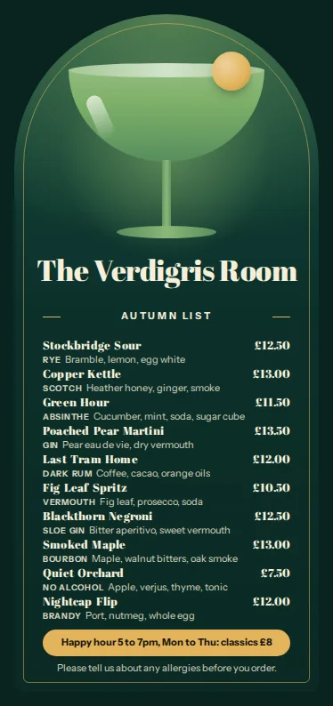 A tall DL cocktail menu for The Verdigris Room in deep green, with a glowing arch, a green coupe glass with a gold garnish, the Autumn list of ten drinks with spirits and prices, and a gold happy hour band.