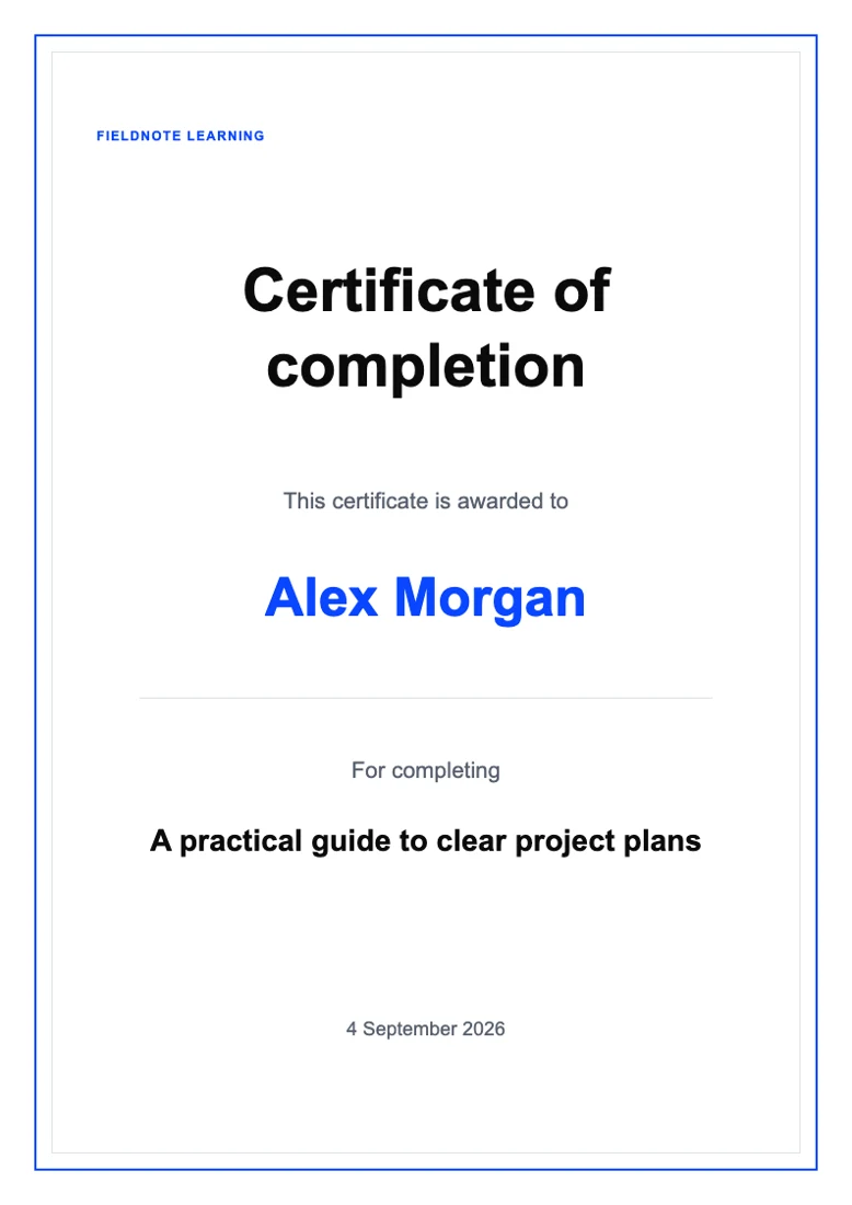 Course certificate with sample text in an editable layout