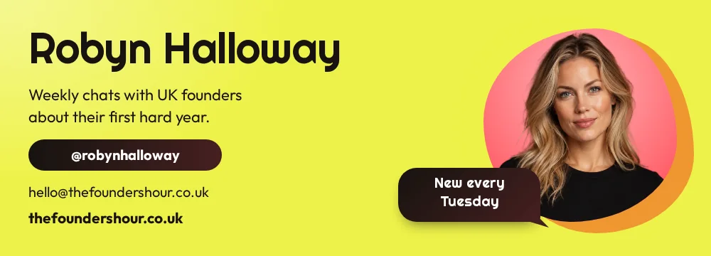 A bright yellow creator email signature with a portrait in a coral blob, a speech bubble that says New every Tuesday, and a handle pill.