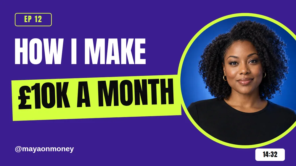 A violet thumbnail with the white title How I make above £10k a month in black on a tilted lime slab, a Black woman inside a lime-ringed circle on the right, an EP 12 tab, a handle, and a 14:32 chip.