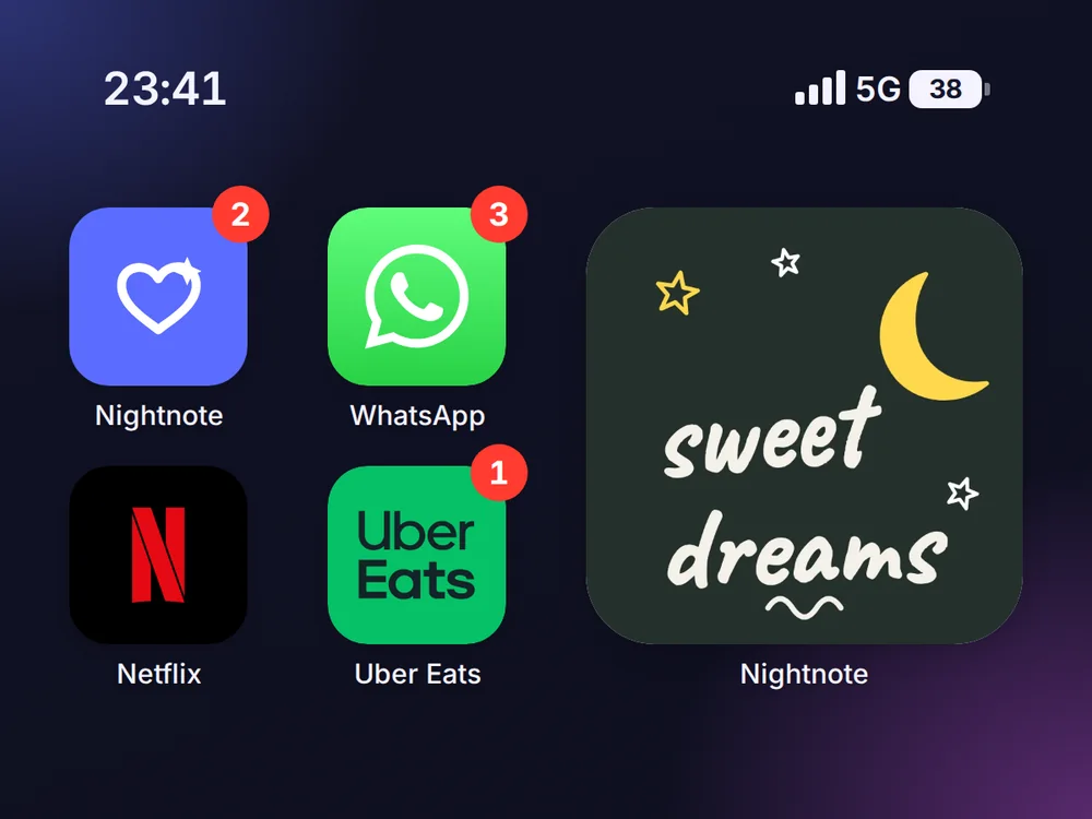 A dark blue iPhone home screen at 23:41 with a chalk sweet dreams doodle, a yellow moon, and stars in a widget labelled Nightnote on the right, beside the Nightnote app icon, WhatsApp with a 3 badge, Netflix, and Uber Eats.