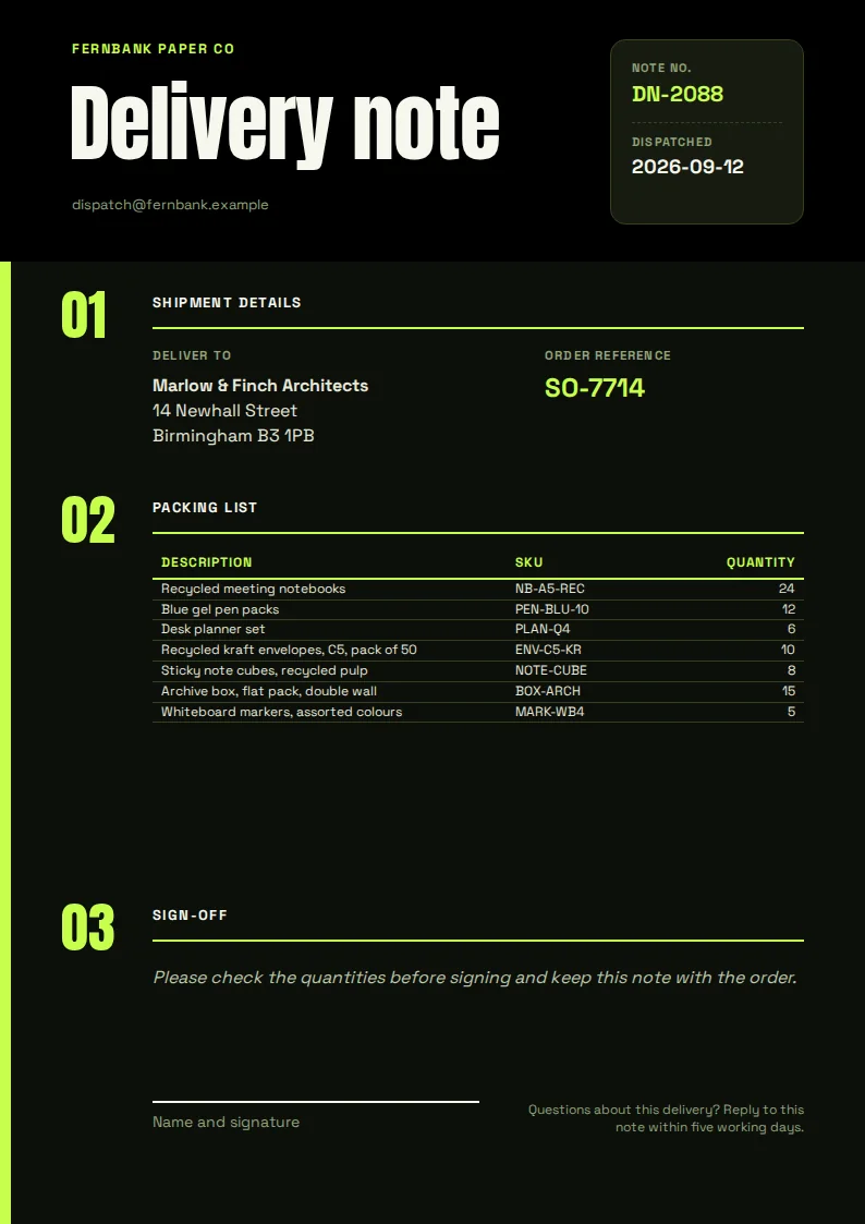 A portrait A4 delivery note with a black header reading Delivery note in white, a lime green left rail with numbered sections, a packing list table for Marlow & Finch Architects, and a signature line for sign-off.