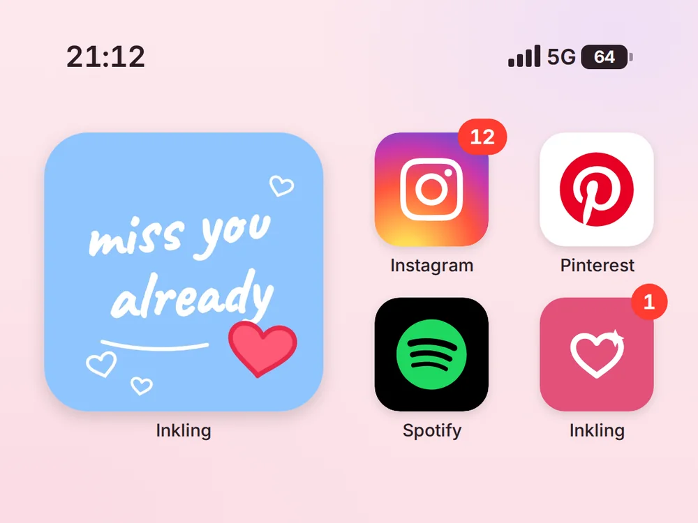 A pale pink iPhone home screen at 21:12 with a big widget showing a hand-drawn miss you already note and a red heart on sky blue, labelled Inkling, beside the Instagram, Pinterest, and Spotify icons and a pink Inkling app icon with a red 1 badge.