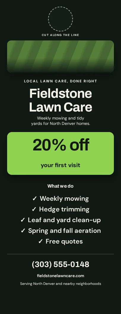 A dark green door hanger for Fieldstone Lawn Care with a knob hole cut guide, a striped mown-lawn panel, a bright green 20% off your first visit card, a checklist of five lawn services, and the phone number in large bold type at the foot.