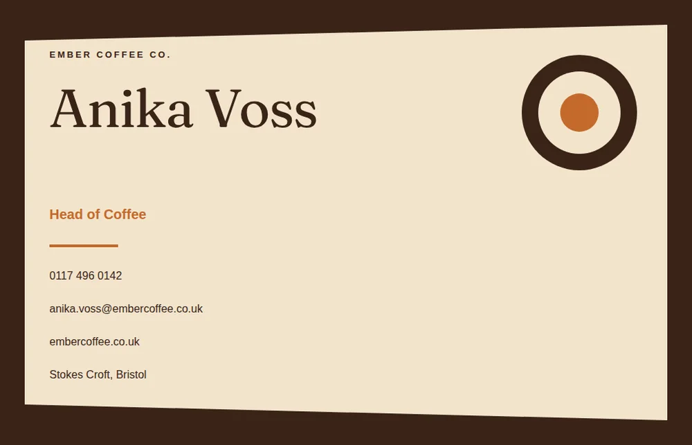 A landscape brown and cream business card with a coffee disc and the large name Anika Voss for Ember Coffee Co.