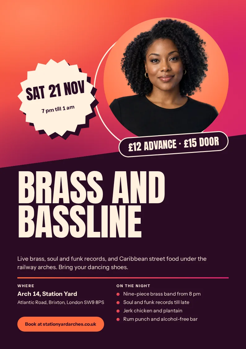 An A4 event flyer for Brass and Bassline, with a round photo on a coral and pink gradient, a cream date starburst, and a big poster headline above the venue and night details.