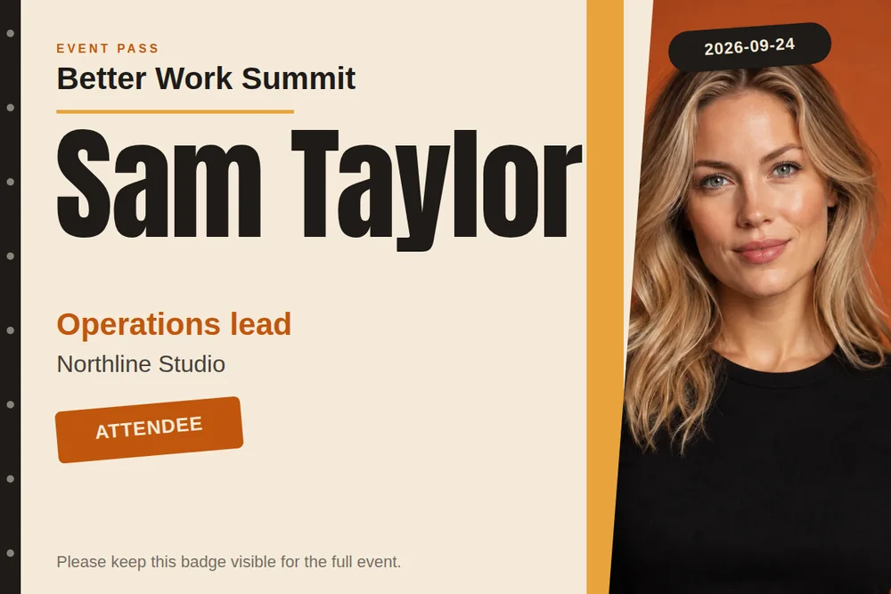 A landscape event badge with a cream panel on the left, a mustard divider, and a warm orange photo of a blonde woman on the right under a dark date pill. The large name Sam Taylor sits above orange role text and an orange Attendee pill.