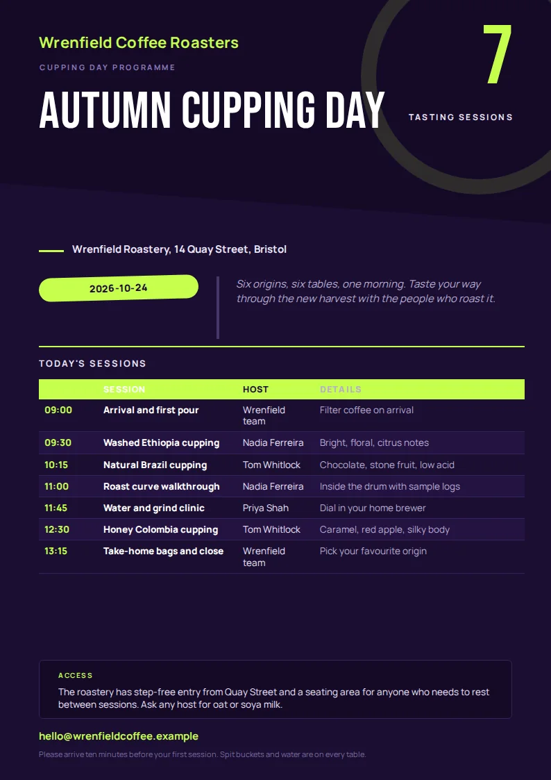 A portrait A4 programme with a deep purple header, the white title Autumn Cupping Day, a large lime numeral 7 for Tasting sessions, a lime date pill 2026-10-24, a lime session table, and a purple access note box.