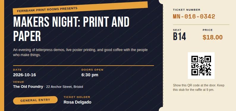 A landscape DL ticket with a dark navy body, an orange diagonal banner Fernbank Print Rooms presents, the white title Makers Night: Print and Paper, and a cream tear-off stub with ticket number MN-016-0342, seat B14, and a QR code.