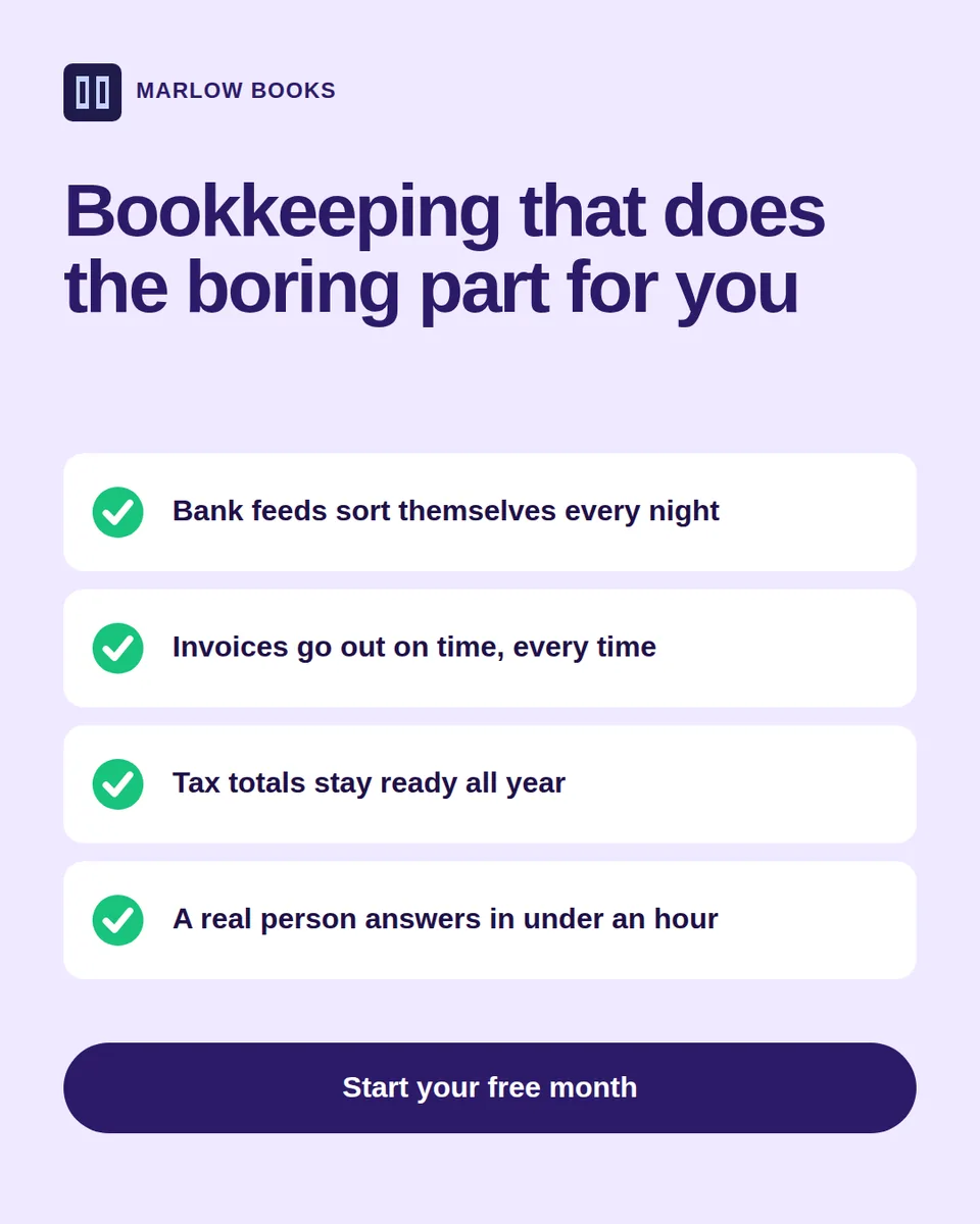 A light purple portrait ad with a headline and four white feature cards, each with a green check mark