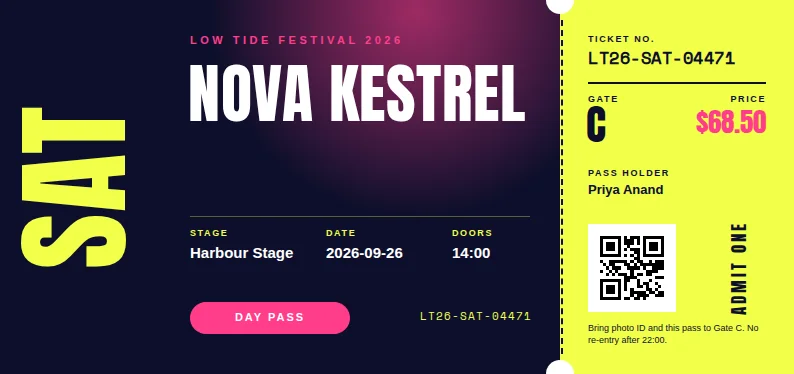 A midnight-blue festival ticket with a giant rotated yellow SAT, the headliner Nova Kestrel in white capitals, a magenta Day pass pill, and an acid-yellow tear-off stub with gate, price, holder, QR code, and a rotated Admit one.