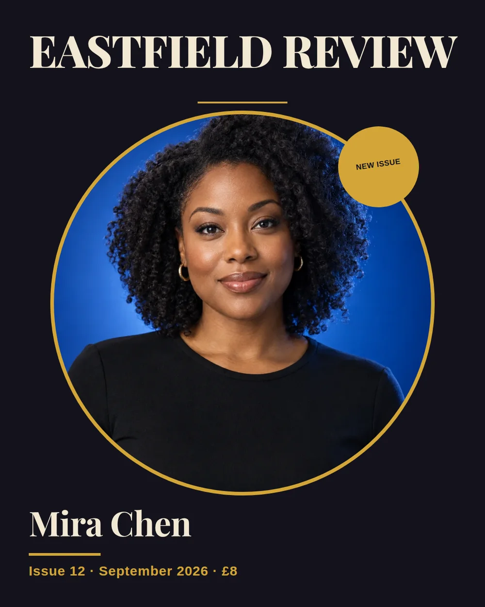 A 4:5 magazine cover on near-black, the cream title Eastfield Review, a circular portrait of Mira Chen ringed in gold with a gold New issue badge, and the gold line Issue 12 · September 2026 · £8.