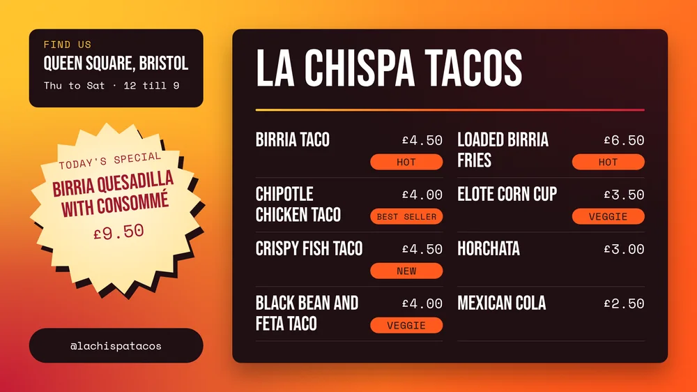 A food truck menu board for La Chispa Tacos, with a dark board of eight dishes, prices and tags on a sunset gradient, beside a cream starburst for today's special.