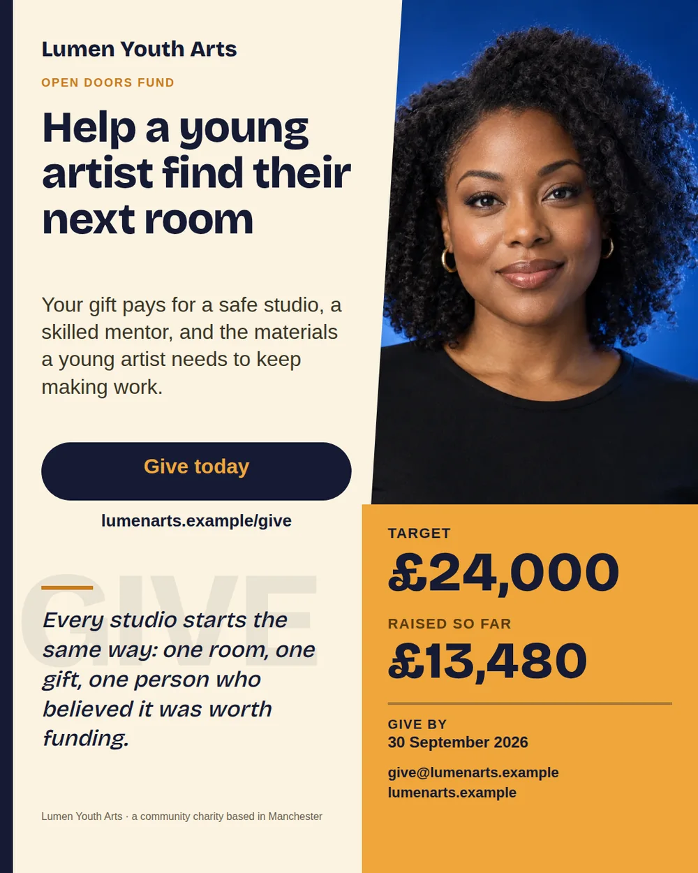 A tall fundraising poster with a cream left panel holding a dark navy headline and an orange Open doors fund label, a full-bleed photo over blue at the top right, and an orange target and raised panel below it.