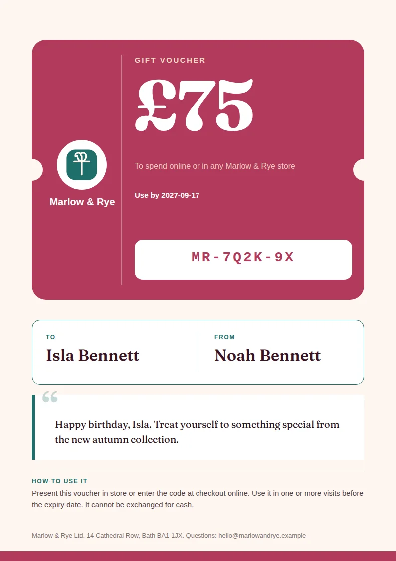 A portrait A4 gift voucher with a deep magenta ticket-shaped card, a small teal circular logo, an oversized white £75 value, a white redemption code panel, and a teal To and From details card below.