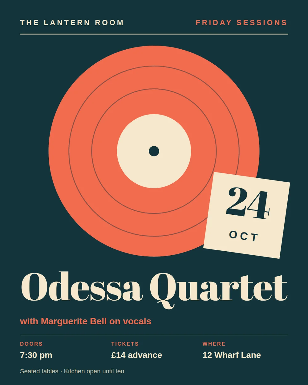 A deep teal portrait poster with a coral vinyl record, a tilted cream date card reading 24 Oct, the large cream serif name Odessa Quartet, and doors, tickets, and address in three columns.