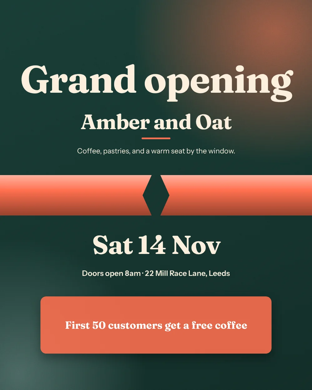 A grand opening flyer for Amber and Oat on a dark green mesh gradient, with a wide satin orange ribbon and bow cut across the middle showing Sat 14 Nov 2026, doors open 8am, and an orange First 50 customers get a free coffee card near the foot.