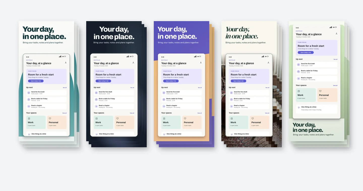 Five complete App Store screenshot sets, each with five panels, in light, dark, bold colour, photo and frameless styles.