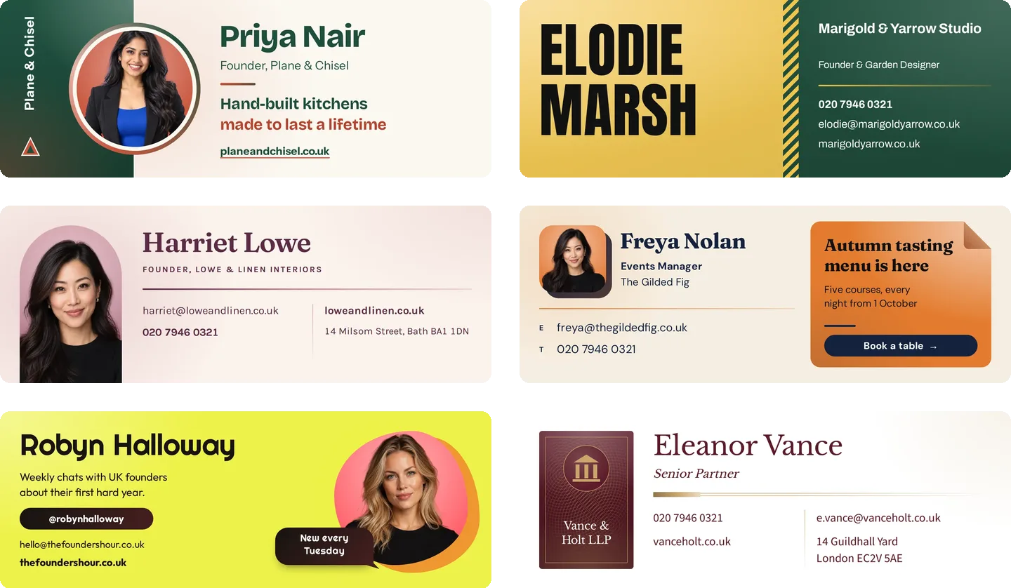 Six email signatures together: a round portrait on green, a huge name on a yellow block, a portrait in a pink arch, an orange offer card, a yellow creator signature, and a burgundy law firm seal.