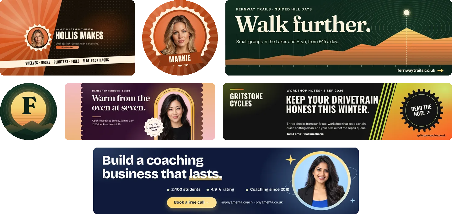 Seven profile designs together: a YouTube banner and round channel picture on burnt orange rays, a deep green X header and round F logo picture, a plum Facebook cover, and two LinkedIn banners.
