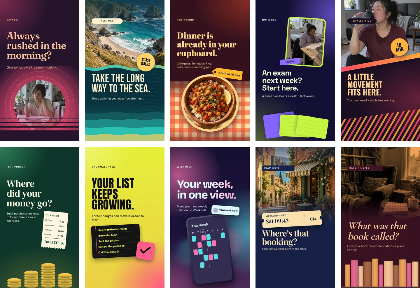 Ten TikTok slides together, from a morning routine and a coastal walk to a recipe, a budget receipt, a week planner, and a reading list, each with a big title over a photo or bold colour.
