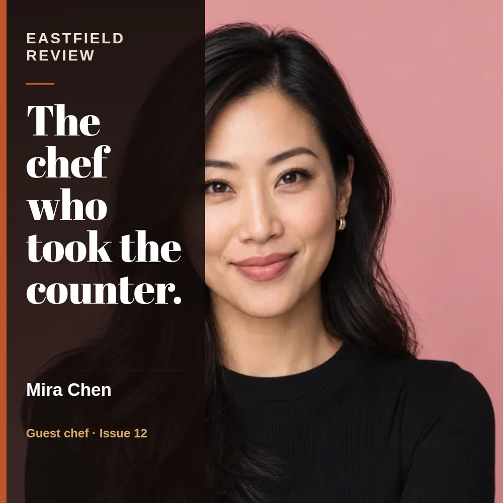 A square magazine feature with a dark brown text column on the left naming Eastfield Review, a white headline reading The chef who took the counter, and a full-bleed photo of a woman with long dark hair against pink.