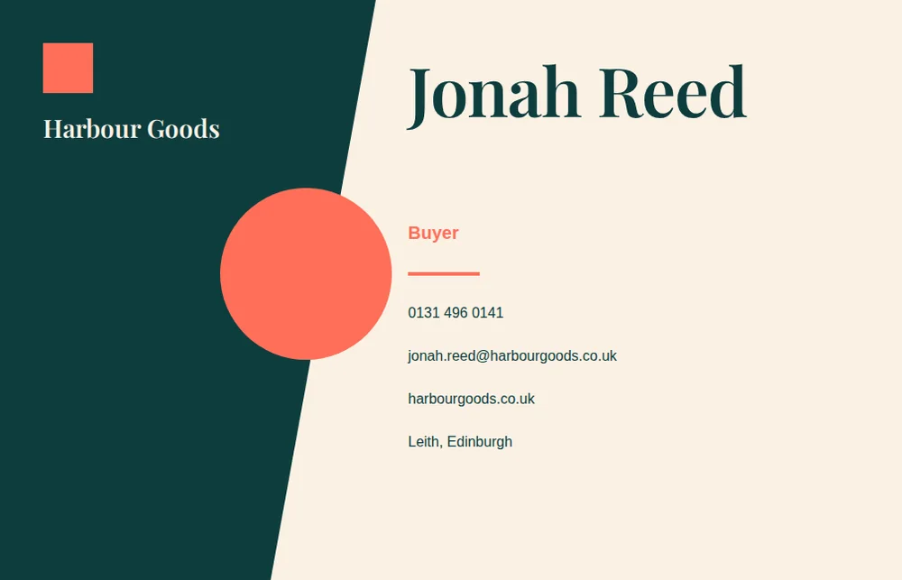A landscape teal business card with a coral square and the large name Jonah Reed for Harbour Goods.