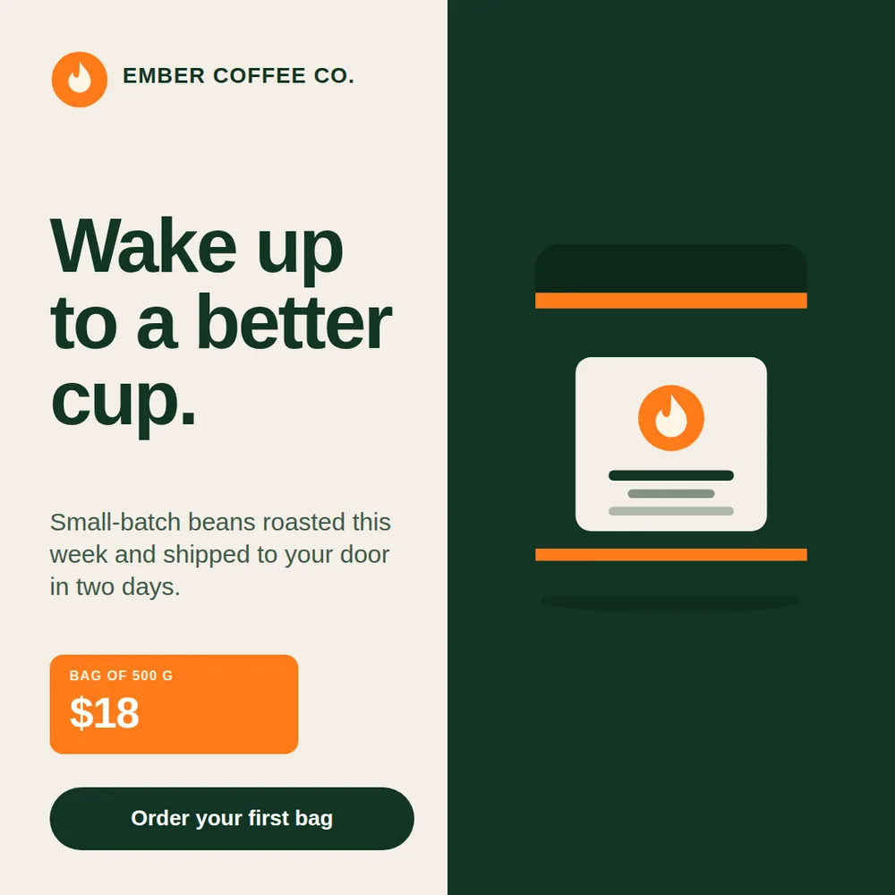 A cream and green square ad with a coffee bag, a large headline, an orange price tag, and a button