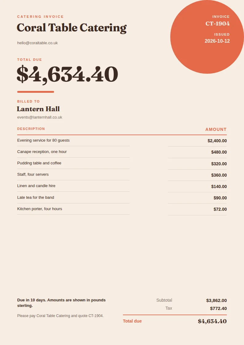 A tall warm-paper invoice with a coral corner disc and a large serif total for a fictional catering bill.