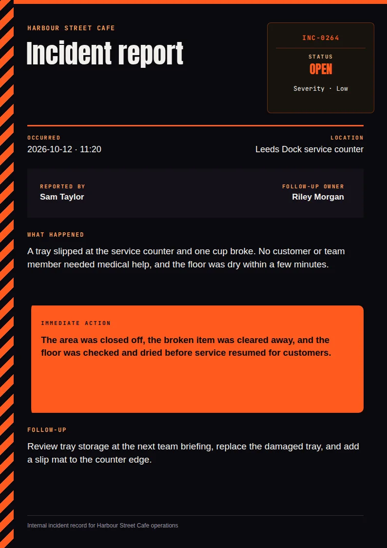 An incident report with a black background and an orange and black diagonal hazard-stripe side rail, a dark case card giving the ID and open status, an orange title, a dark reported-by strip, and a solid orange immediate-action panel.