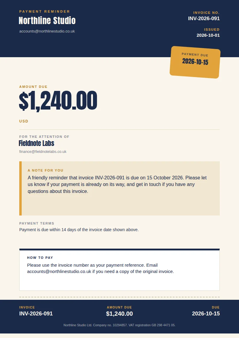 A portrait A4 payment reminder with a dark navy header for Northline Studio, an orange Payment due tag dated 2026-10-15, the large navy amount $1,240.00, a tan note band, and a white How to pay box.