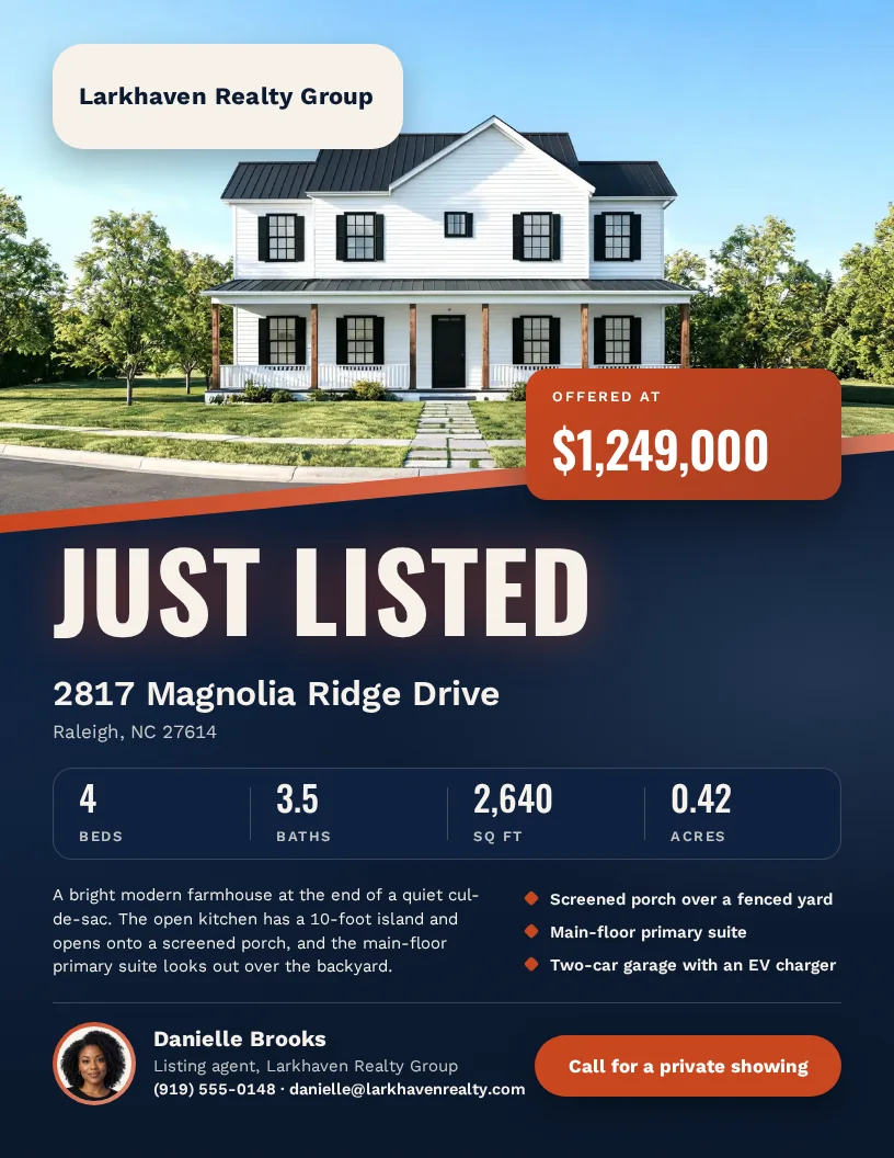 A US Letter flyer for 2817 Magnolia Ridge Drive in Raleigh, with a farmhouse photo above a slanted orange edge, a cream Larkhaven Realty Group badge, an orange $1,249,000 price card, a big white Just listed headline on deep navy, beds, baths, square feet, and acres in one row, and the agent's photo with a Call for a private showing button.